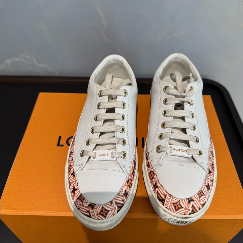 Louis Vuitton White Leather and Coated Canvas Stellar Low Top Sneakers Size 35.5 - Picture 2 of 4